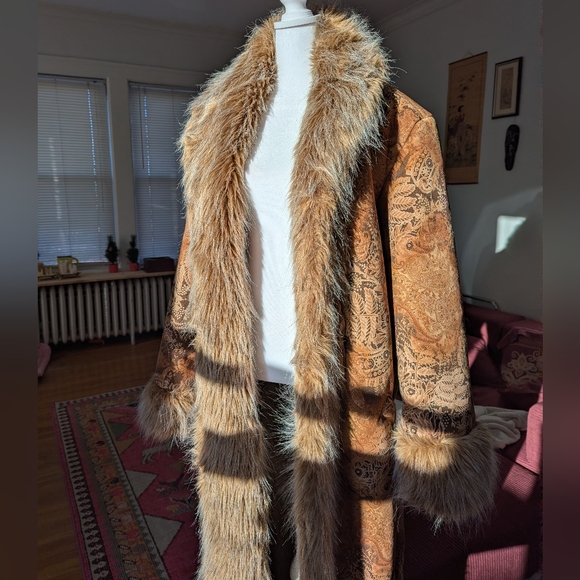 90s Does 70s VTG Penny Lane Trench Coat Afghan Paisley Print Faux Fur Trim 18 - Picture 7 of 16